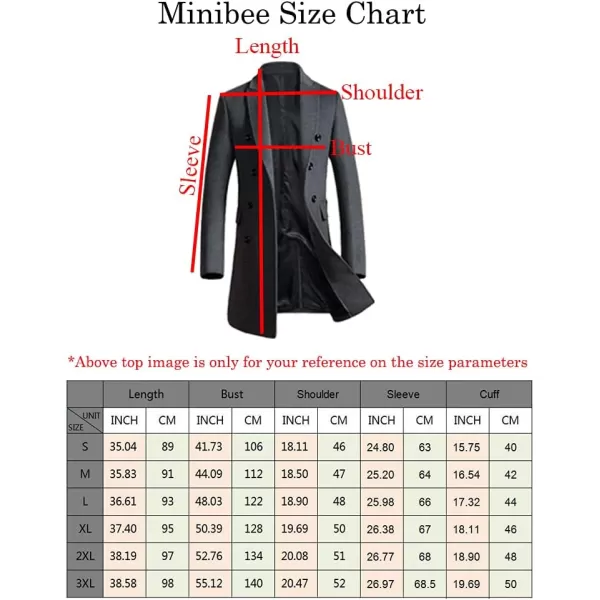 Minibee Mens Woolen Trench Coat Double Breasted Slim Fit Winter Overcoat Long Jacket Business Pea JacketBlack