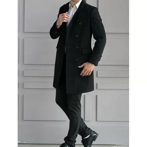 Minibee Mens Woolen Trench Coat Double Breasted Slim Fit Winter Overcoat Long Jacket Business Pea JacketBlack