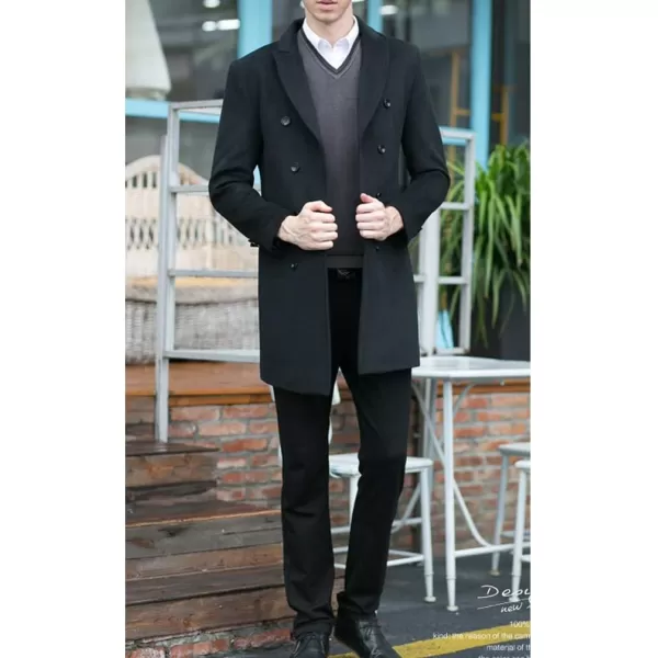 Minibee Mens Woolen Trench Coat Double Breasted Slim Fit Winter Overcoat Long Jacket Business Pea JacketBlack