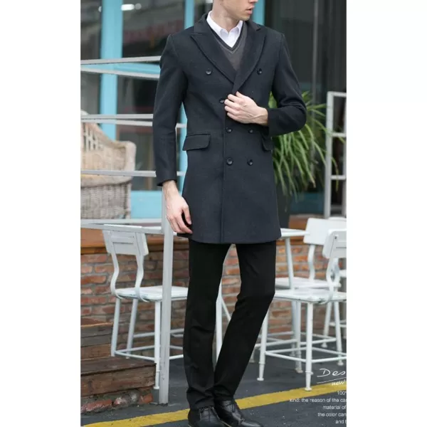 Minibee Mens Woolen Trench Coat Double Breasted Slim Fit Winter Overcoat Long Jacket Business Pea JacketBlack