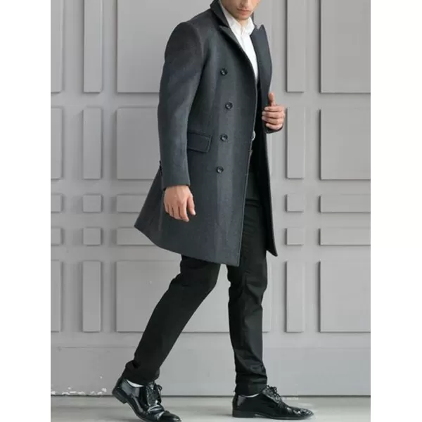 Minibee Mens Woolen Trench Coat Double Breasted Slim Fit Winter Overcoat Long Jacket Business Pea JacketGrey