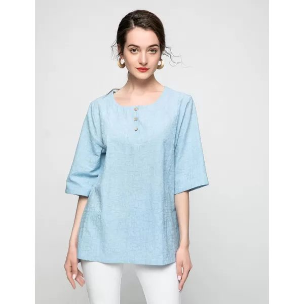 Minibee Womens 34 Sleeve Cotton Linen Jacquard Blouses Top TShirtBlue