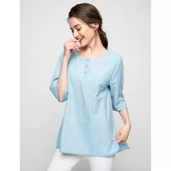 Minibee Womens 34 Sleeve Cotton Linen Jacquard Blouses Top TShirtBlue