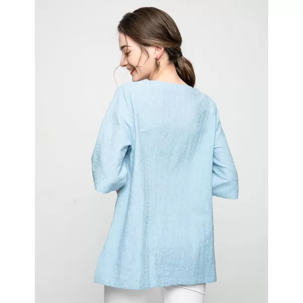 Minibee Womens 34 Sleeve Cotton Linen Jacquard Blouses Top TShirtBlue