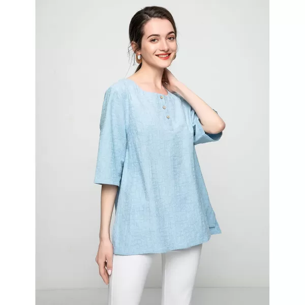 Minibee Womens 34 Sleeve Cotton Linen Jacquard Blouses Top TShirtBlue