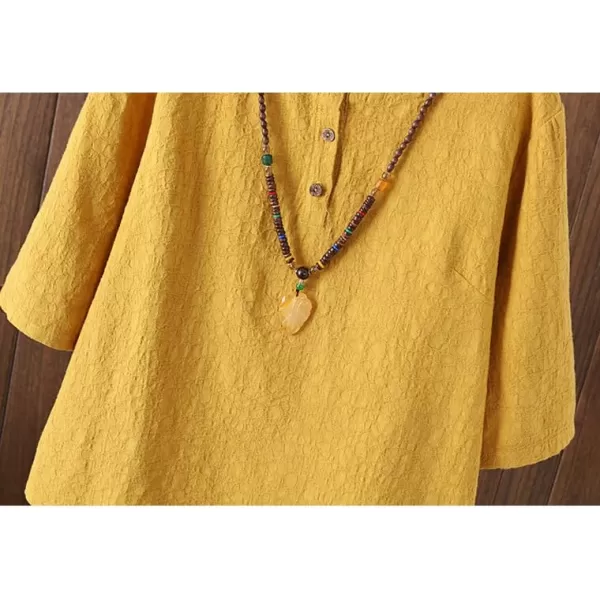 Minibee Womens 34 Sleeve Cotton Linen Jacquard Blouses Top TShirtYellow