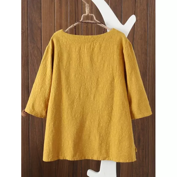 Minibee Womens 34 Sleeve Cotton Linen Jacquard Blouses Top TShirtYellow