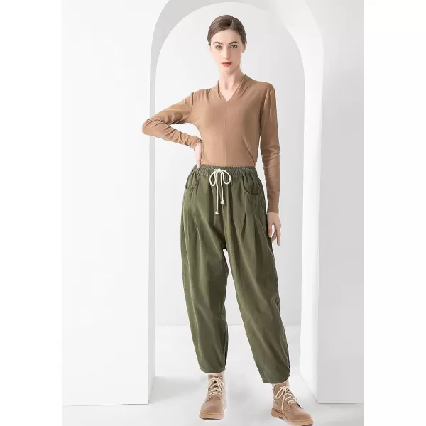 Minibee Womens Baggy Harem Pants Wide Leg Casual Pant Summer Cotton Drawstring Trousers with PocketsArmy Green