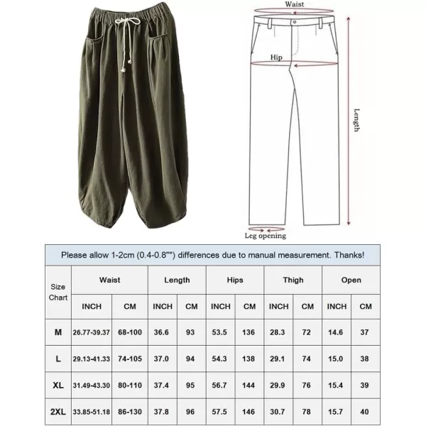 Minibee Womens Baggy Harem Pants Wide Leg Casual Pant Summer Cotton Drawstring Trousers with PocketsArmy Green