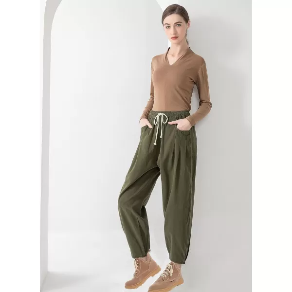 Minibee Womens Baggy Harem Pants Wide Leg Casual Pant Summer Cotton Drawstring Trousers with PocketsArmy Green