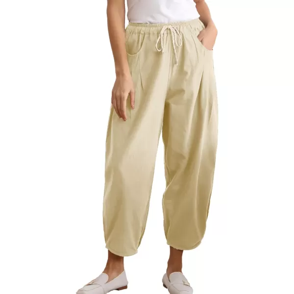 Minibee Womens Baggy Harem Pants Wide Leg Casual Pant Summer Cotton Drawstring Trousers with PocketsBeige