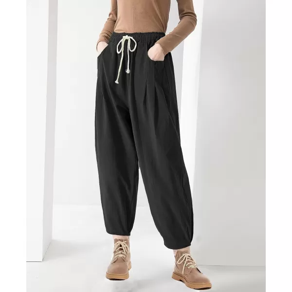 Minibee Womens Baggy Harem Pants Wide Leg Casual Pant Summer Cotton Drawstring Trousers with PocketsBlack