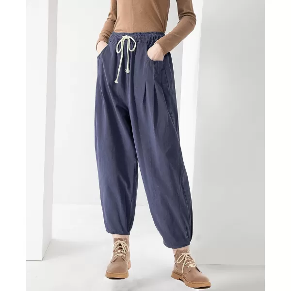 Minibee Womens Baggy Harem Pants Wide Leg Casual Pant Summer Cotton Drawstring Trousers with PocketsBlue