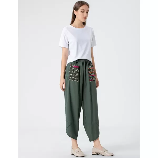 Minibee Womens Baggy Linen Wide Leg Trousers Casual Patchwark Elastic Waist Harem PantsArmy Green