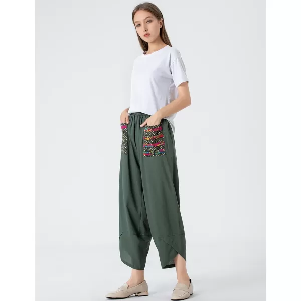 Minibee Womens Baggy Linen Wide Leg Trousers Casual Patchwark Elastic Waist Harem PantsArmy Green