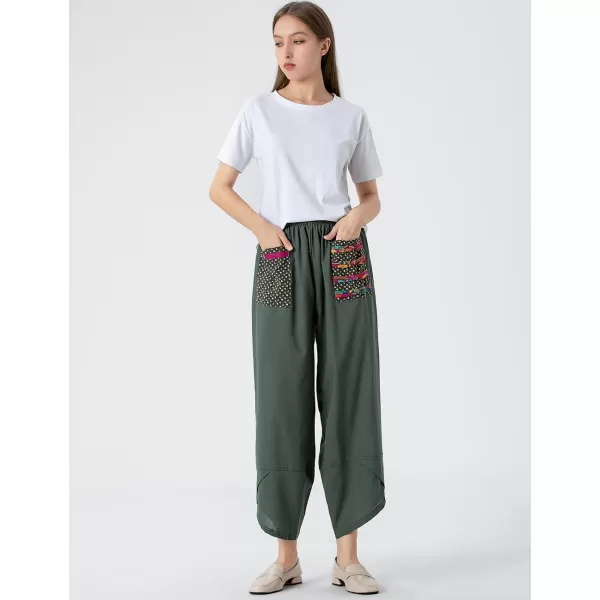 Minibee Womens Baggy Linen Wide Leg Trousers Casual Patchwark Elastic Waist Harem PantsArmy Green