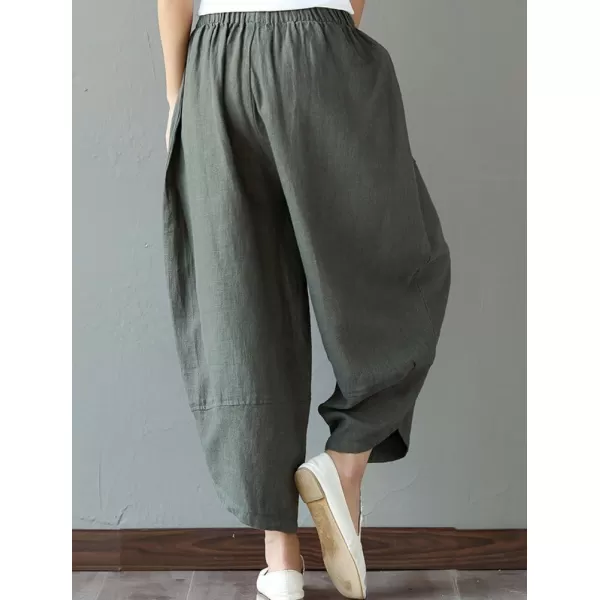 Minibee Womens Baggy Linen Wide Leg Trousers Casual Patchwark Elastic Waist Harem PantsArmy Green