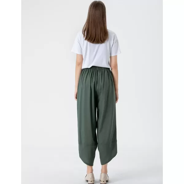 Minibee Womens Baggy Linen Wide Leg Trousers Casual Patchwark Elastic Waist Harem PantsArmy Green