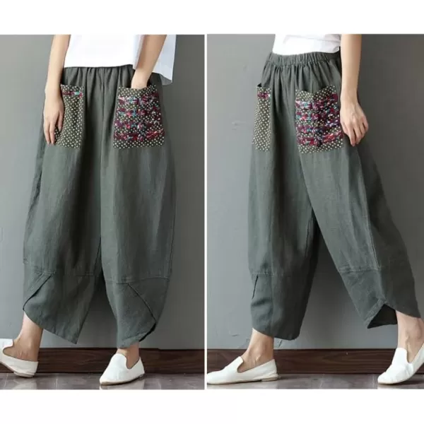 Minibee Womens Baggy Linen Wide Leg Trousers Casual Patchwark Elastic Waist Harem PantsArmy Green