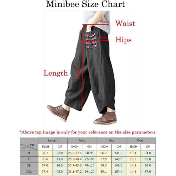 Minibee Womens Baggy Linen Wide Leg Trousers Casual Patchwark Elastic Waist Harem PantsBlack