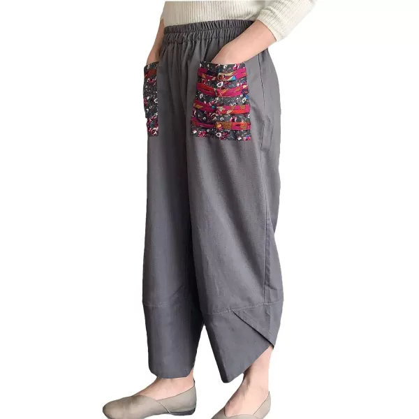 Minibee Womens Baggy Linen Wide Leg Trousers Casual Patchwark Elastic Waist Harem PantsGray