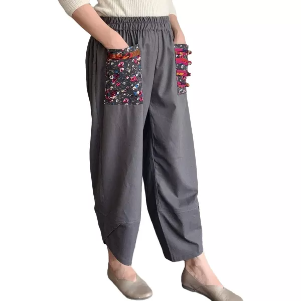 Minibee Womens Baggy Linen Wide Leg Trousers Casual Patchwark Elastic Waist Harem PantsGray