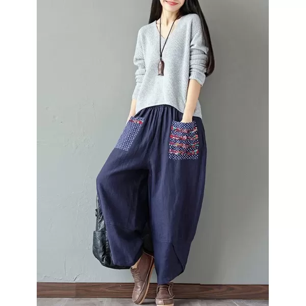 Minibee Womens Baggy Linen Wide Leg Trousers Casual Patchwark Elastic Waist Harem PantsNavy Blue