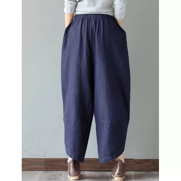 Minibee Womens Baggy Linen Wide Leg Trousers Casual Patchwark Elastic Waist Harem PantsNavy Blue