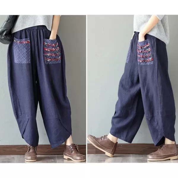 Minibee Womens Baggy Linen Wide Leg Trousers Casual Patchwark Elastic Waist Harem PantsNavy Blue