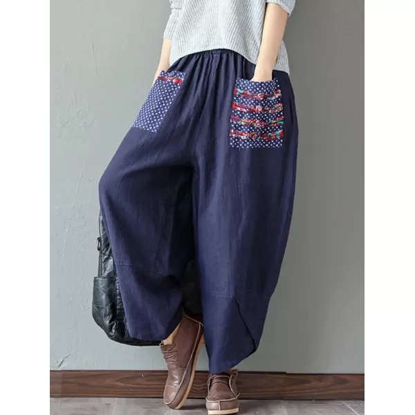 Minibee Womens Baggy Linen Wide Leg Trousers Casual Patchwark Elastic Waist Harem PantsNavy Blue