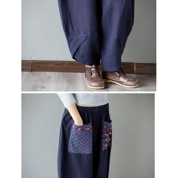 Minibee Womens Baggy Linen Wide Leg Trousers Casual Patchwark Elastic Waist Harem PantsNavy Blue