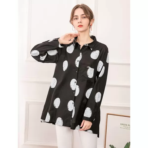 Minibee Womens Button Down Tunic Tops Polka Blouse Cotton ShirtStyle1 Black