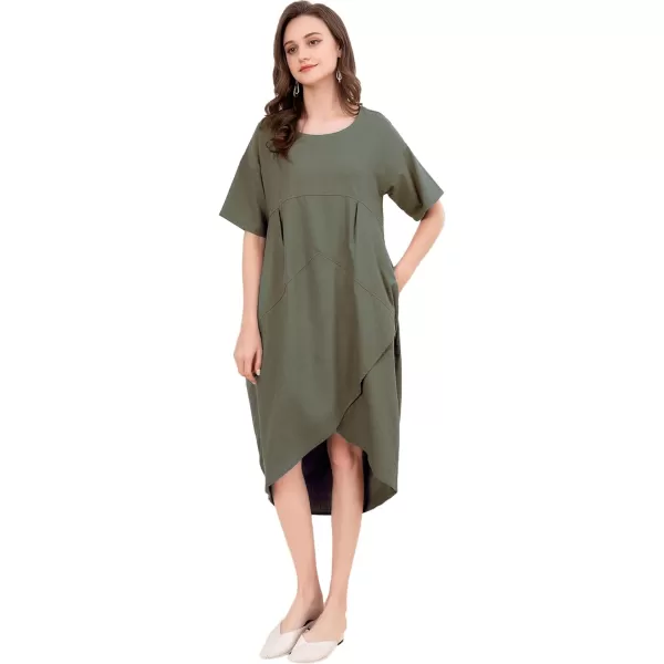 Minibee Womens Casual Linen Dress Summer Short Sleeve Flowy Empire Waist Midi Dresses with PocketsArmy Green