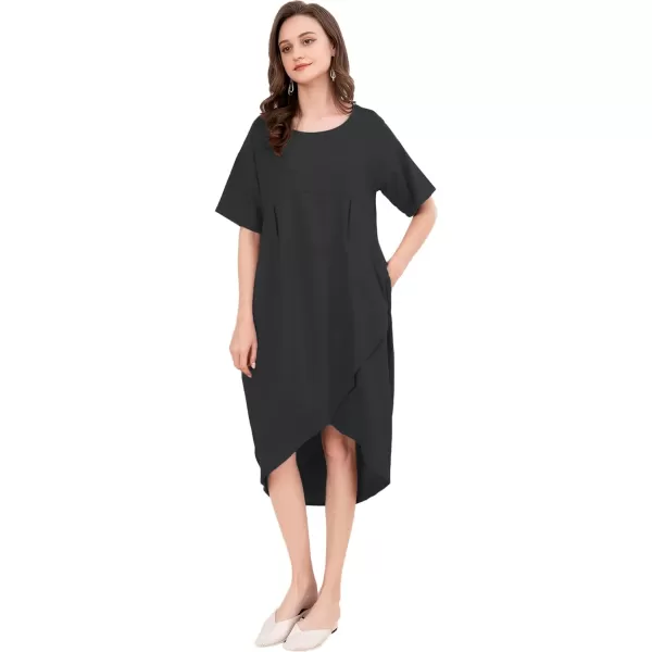 Minibee Womens Casual Linen Dress Summer Short Sleeve Flowy Empire Waist Midi Dresses with PocketsBlack