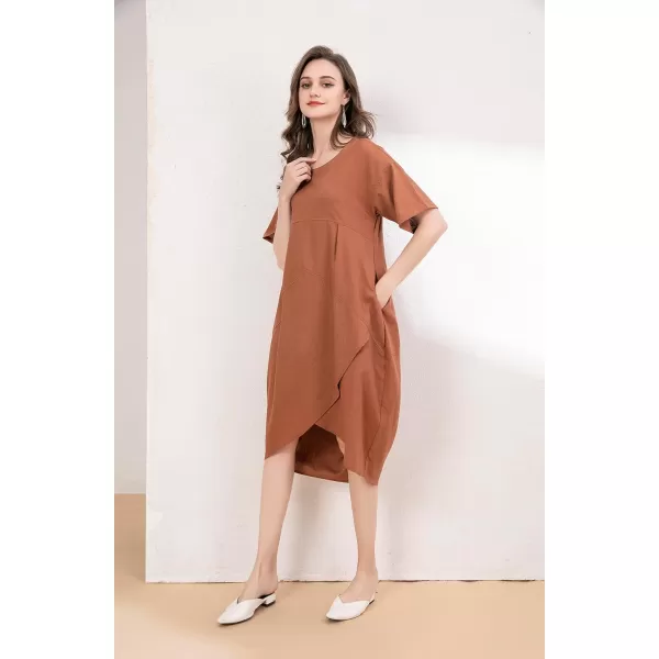 Minibee Womens Casual Linen Dress Summer Short Sleeve Flowy Empire Waist Midi Dresses with PocketsBrown