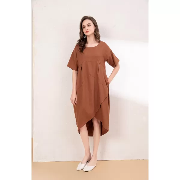 Minibee Womens Casual Linen Dress Summer Short Sleeve Flowy Empire Waist Midi Dresses with PocketsBrown