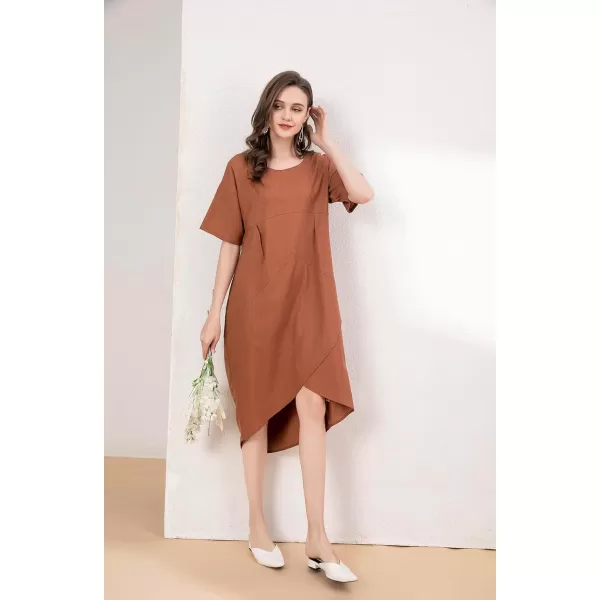 Minibee Womens Casual Linen Dress Summer Short Sleeve Flowy Empire Waist Midi Dresses with PocketsBrown