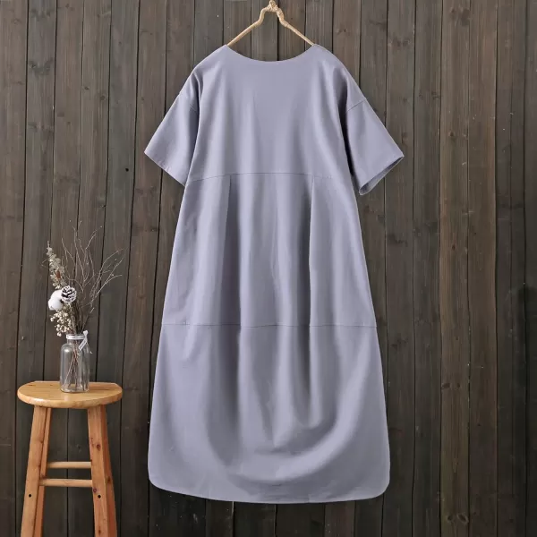 Minibee Womens Casual Linen Dress Summer Short Sleeve Flowy Empire Waist Midi Dresses with PocketsGrey