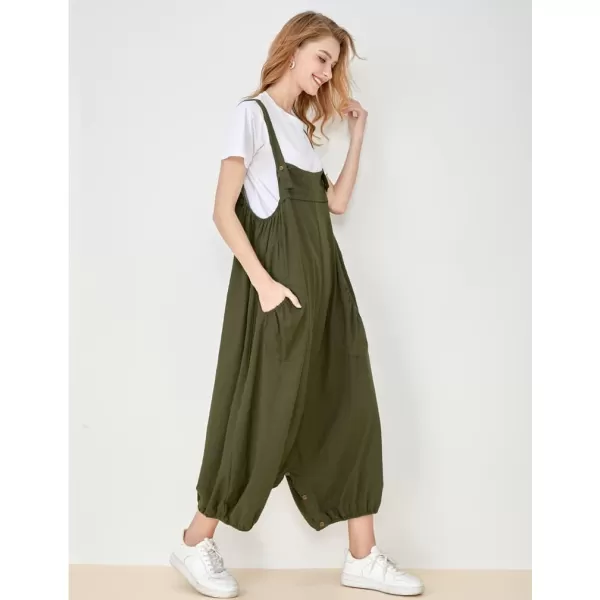 Minibee Womens Casual Loose Jumpsuit Long Baggy Bib Pants Wide Leg Rompers Cotton Overalls with PocketsArmygreen