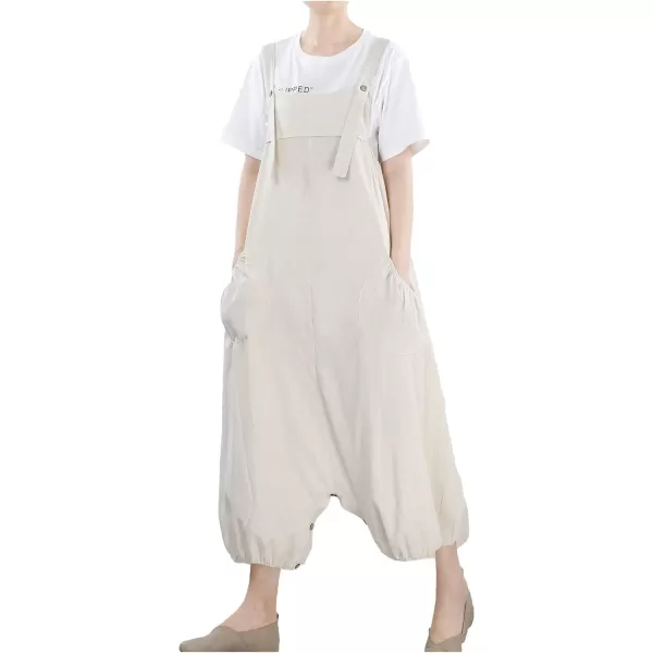 Minibee Womens Casual Loose Jumpsuit Long Baggy Bib Pants Wide Leg Rompers Cotton Overalls with PocketsBeige