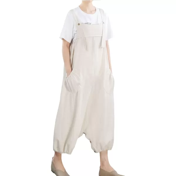 Minibee Womens Casual Loose Jumpsuit Long Baggy Bib Pants Wide Leg Rompers Cotton Overalls with PocketsBeige