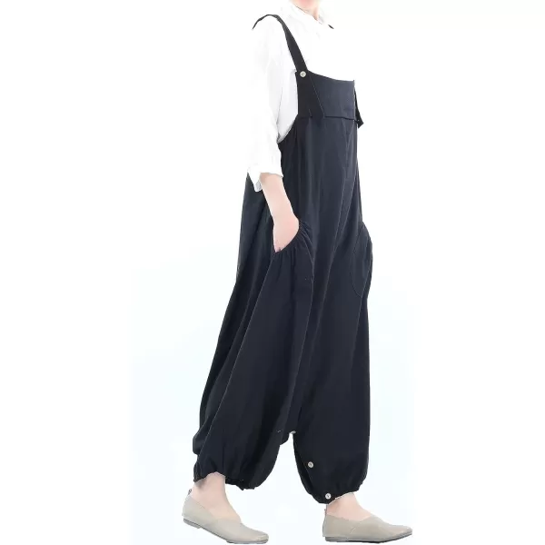 Minibee Womens Casual Loose Jumpsuit Long Baggy Bib Pants Wide Leg Rompers Cotton Overalls with PocketsBlack