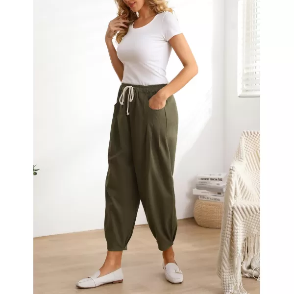 Minibee Womens Casual Pants Wide Leg Baggy Tapered Capri Drawstring Elastic Waist Ankle Trousers with PocketsArmygreen