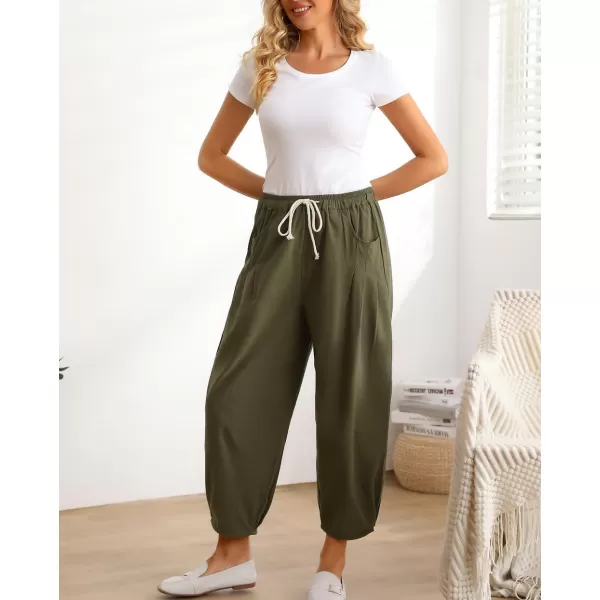 Minibee Womens Casual Pants Wide Leg Baggy Tapered Capri Drawstring Elastic Waist Ankle Trousers with PocketsArmygreen