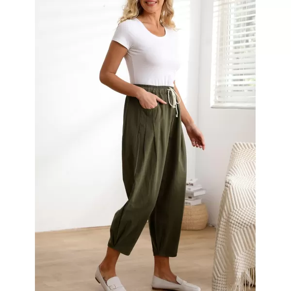 Minibee Womens Casual Pants Wide Leg Baggy Tapered Capri Drawstring Elastic Waist Ankle Trousers with PocketsArmygreen