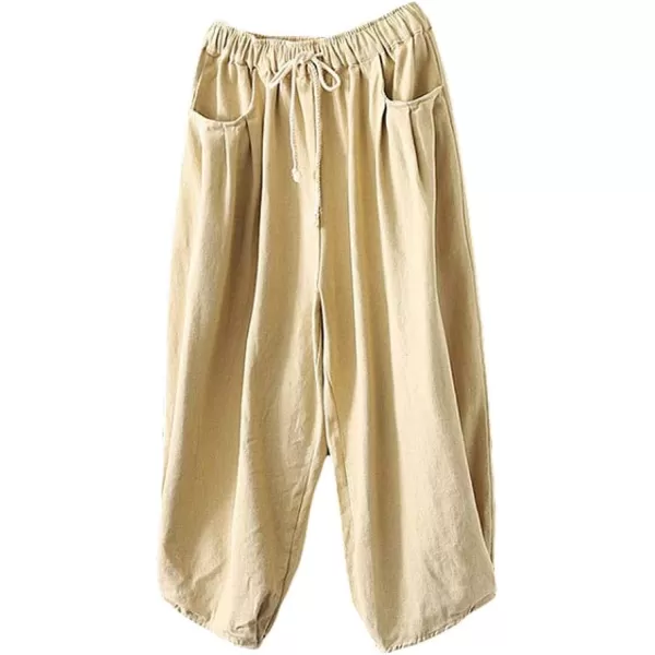 Minibee Womens Casual Pants Wide Leg Baggy Tapered Capri Drawstring Elastic Waist Ankle Trousers with PocketsBeige