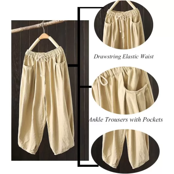 Minibee Womens Casual Pants Wide Leg Baggy Tapered Capri Drawstring Elastic Waist Ankle Trousers with PocketsBeige