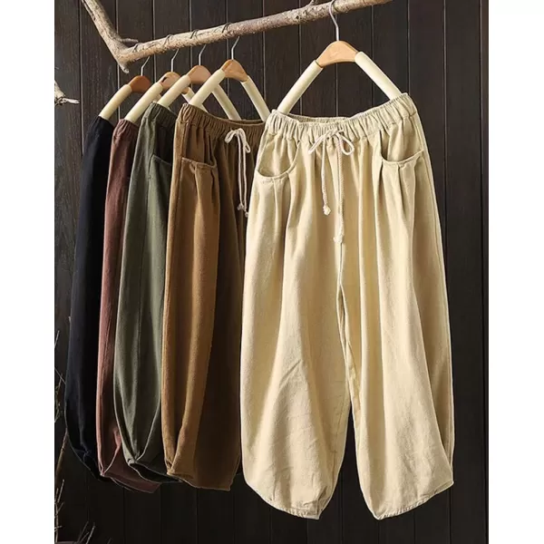 Minibee Womens Casual Pants Wide Leg Baggy Tapered Capri Drawstring Elastic Waist Ankle Trousers with PocketsBeige