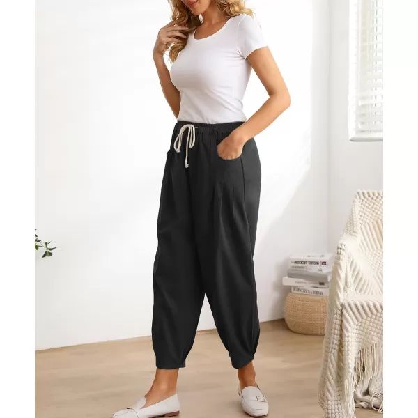 Minibee Womens Casual Pants Wide Leg Baggy Tapered Capri Drawstring Elastic Waist Ankle Trousers with PocketsBlack