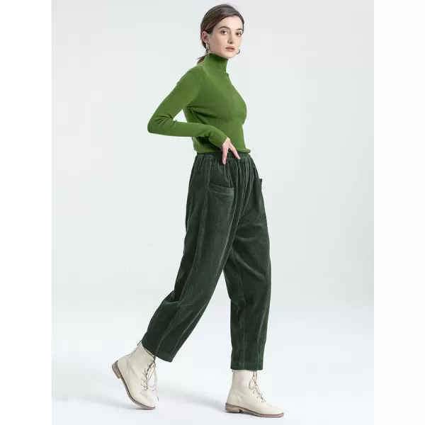 Minibee Womens Corduroy Baggy Pants Elastic Waist Loose Harem Pant Cotton Wide Leg Trousers with PocketsGreen